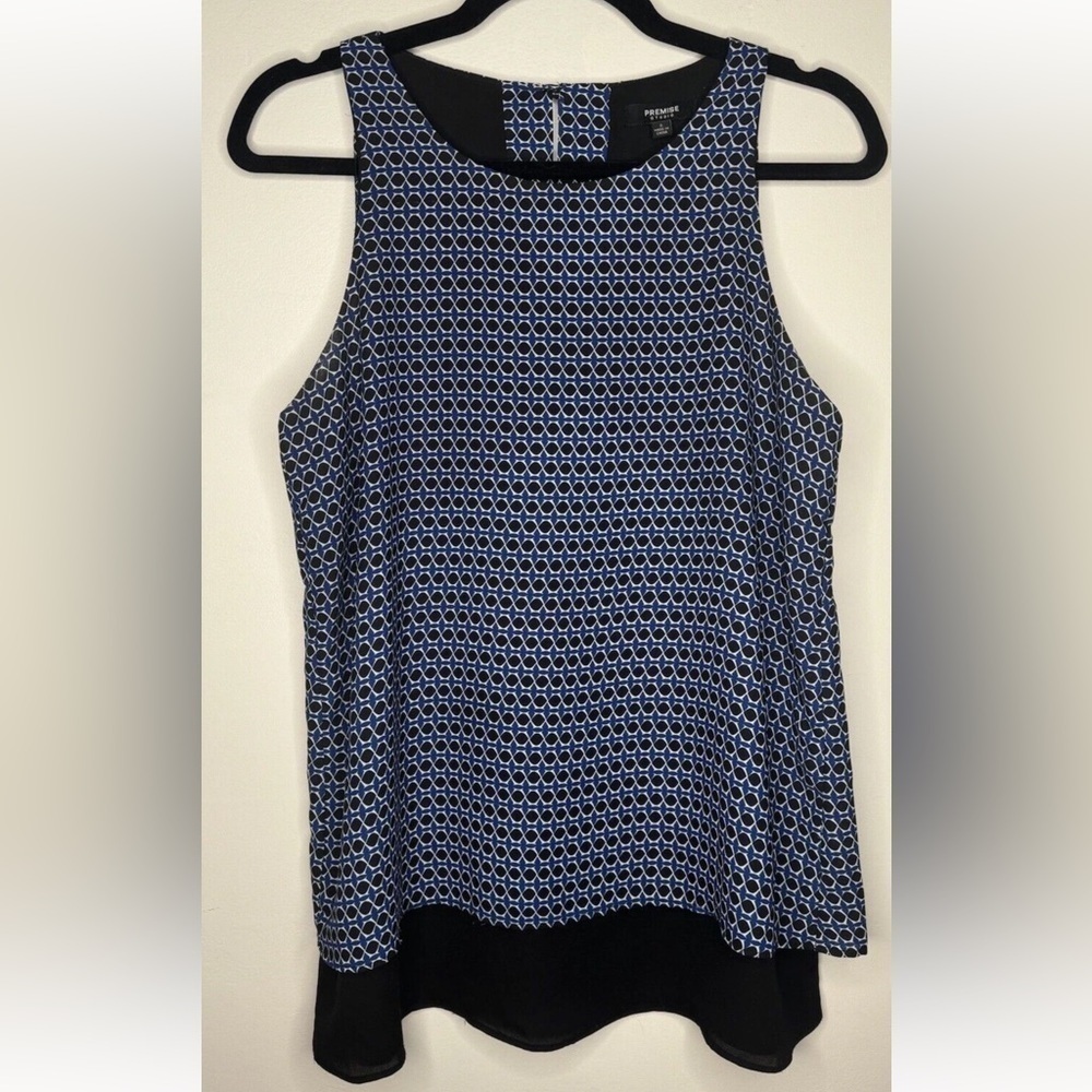 Premise Black Blue Geometric blouse top Tank Top slit back sleeveless small EUC